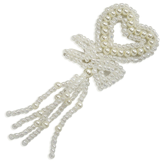 Vintage Bridal Pearl Heart with Fringe Applique  - White