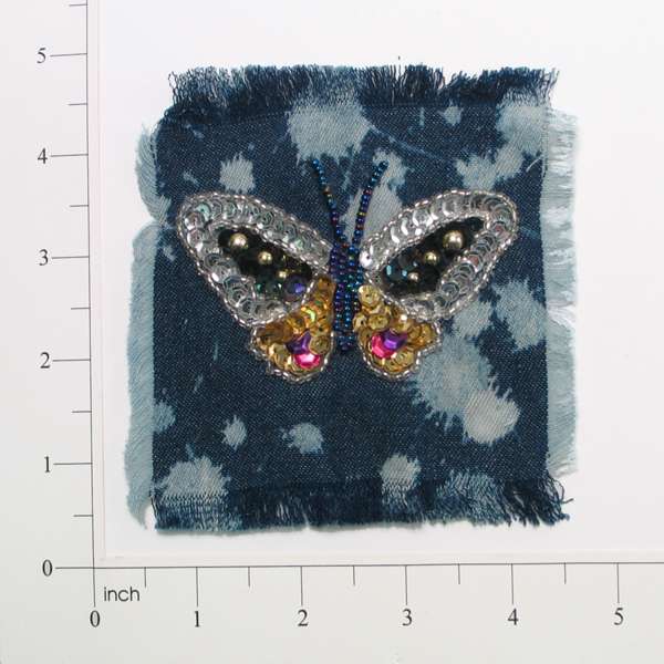 Butterfly Sequin on Denim Applique/Patch 4 1/4" x 4"    - Multi Colors