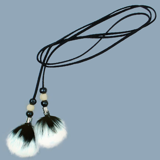 Rabbit Fur Fashion Beaded Tassel Tie  - Black/White