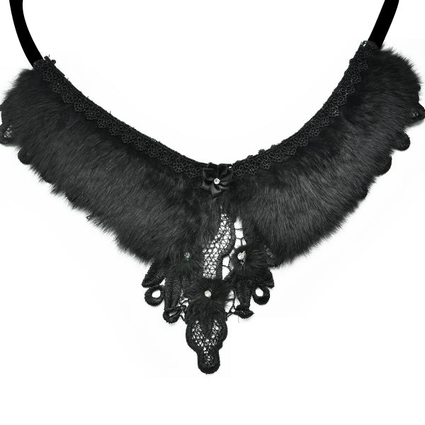 Faux Fur Collar with Lace and Rhinestones     - Black