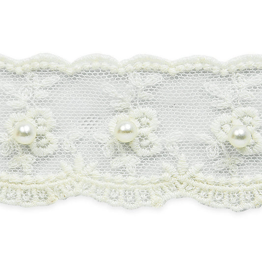 1 1/2 " Vintage Flowers  w/Pearl Bridal Lace Trim (Sold by the Yard)