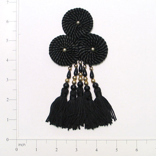 Triple Circle Frog Tassel Embellishment - 6" x 3"  - Black/ Gold