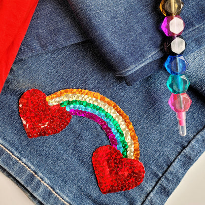 Rainbow With Hearts Sequin Applique/Patch  - Red Multi