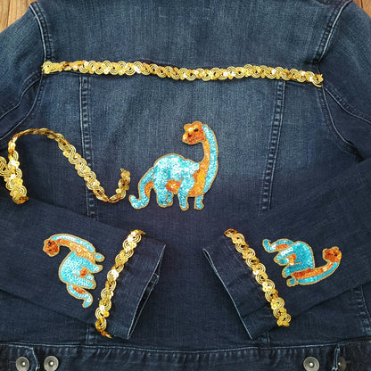 6" x 3 1/2" Eve Stegosaurus Dinosaur Sequin Applique/Patch  - Aqua  Blue