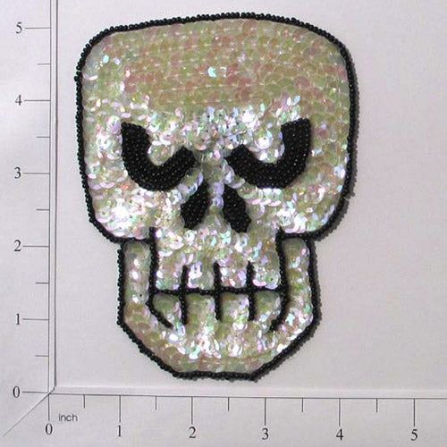 Scary Skull Beaded Sequin Applique/Patch 5" x 3 3/4"  - Crystal Aurora Borealis