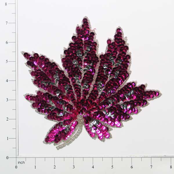 Maple Leaf Sequin Applique/Patch - SM302-8-1  - Fuchsia