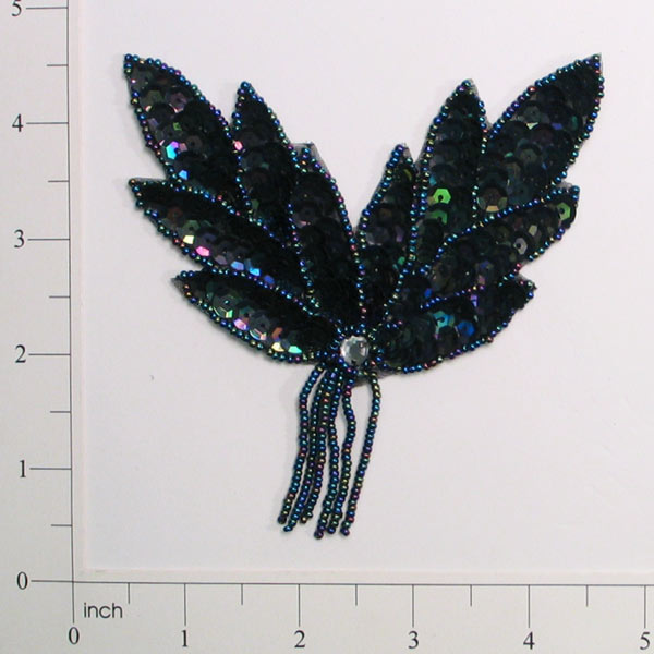 Designer Fringed Leaf Sequin Applique/Patch  - Black Aurora Borealis