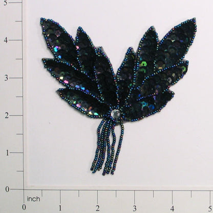 Designer Fringed Leaf Sequin Applique/Patch  - Black Aurora Borealis