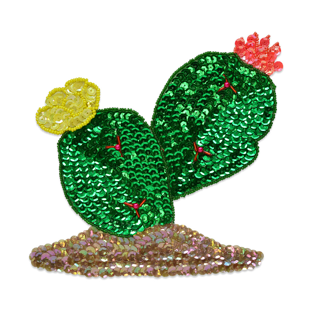 Flower Cactus Sequin Applique/Patch  - Green Multi