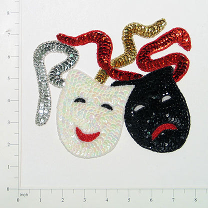 Mardi Gras Drama Masks Beaded Sequin Applique/Patch 7 1/4" x 5 3/4  - Multi Colors