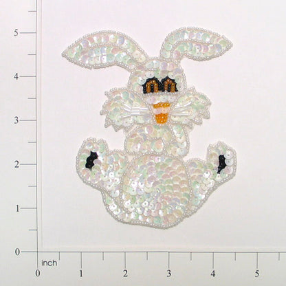 4 1/2" x 3 3/4" Bunny Rabbit Sequin Applique/Patch  - White Aurora Borealis