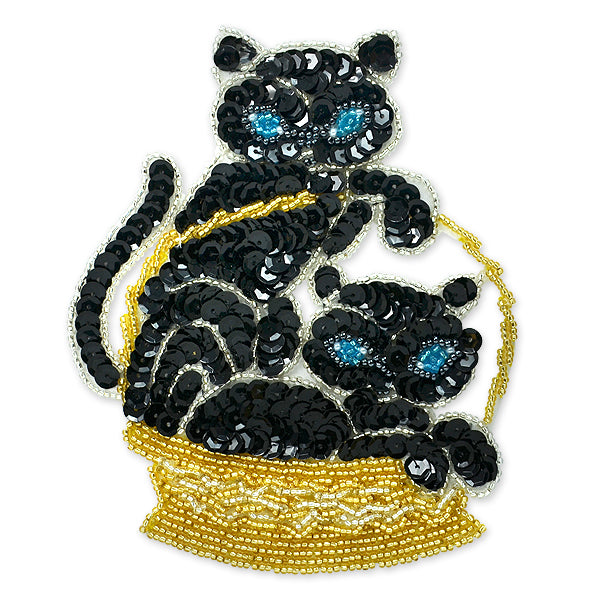 Kittens in Basket Sequin Applique/Patch  - Black