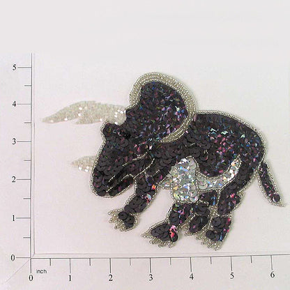 6 1/2" x 4 1/4" Troy Triceratop Sequin Applique/Patch  - Black