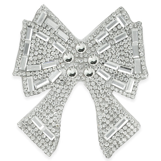 2 ½”   Bow W/Pearl Iron-on Rhinestone Applique/Patch  - Crystal