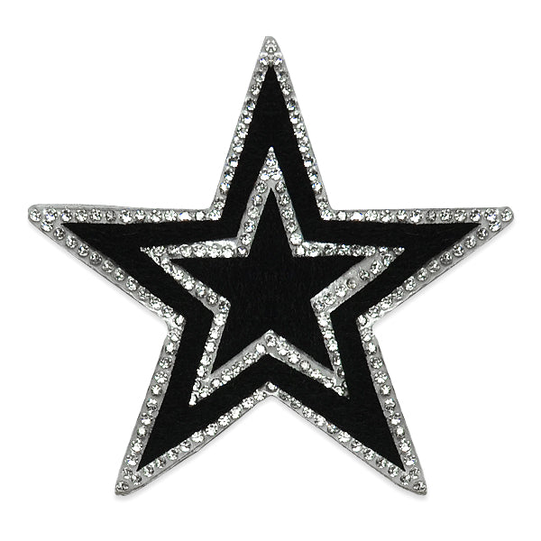 4" Velvet Double Outline Star Iron-on Rhinestone Applique/Patch  - Black/Silver