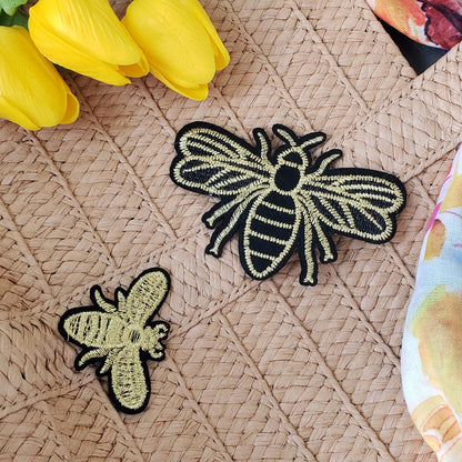 Sugar Bee Iron On Embroidered Applique/Patch Patch  - Black/ Gold