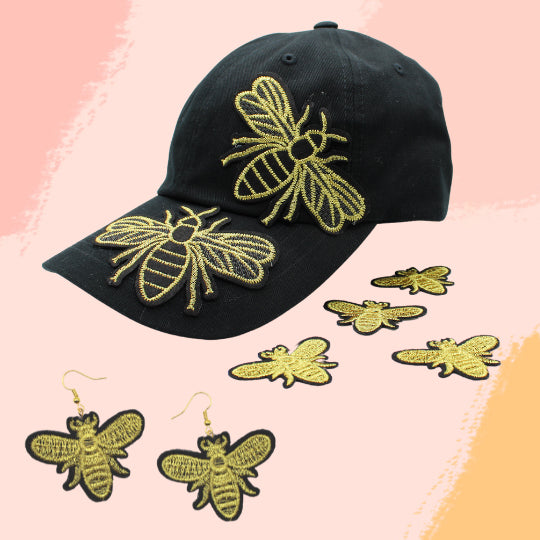 Sugar Bee Iron On Embroidered Applique/Patch Patch  - Black/ Gold