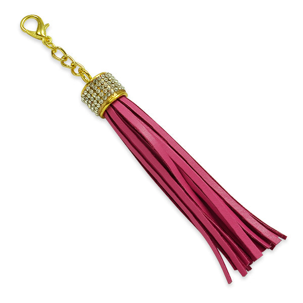 Joyce Rhinestone Leather-Like Tassel Charm w/ Lobster Clasp 4"