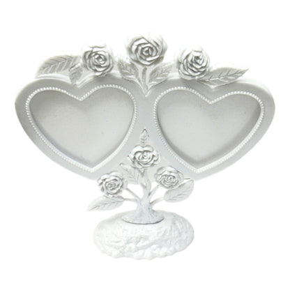 Elegant Vintage White Twin-Heart Wedding Photo Frame Cake Topper with Flora